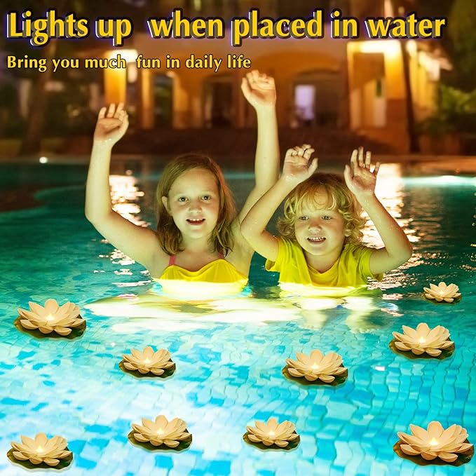 Hortsun 9 Pcs Floating Lotus Lights with Batteries Lily Pads Pool Flowers Floating Candles Decor Artificial Pond Plants Decorations for Pool Pond Outdoor Indoor (White,Yellow Light,3.94/5.91 Inch)