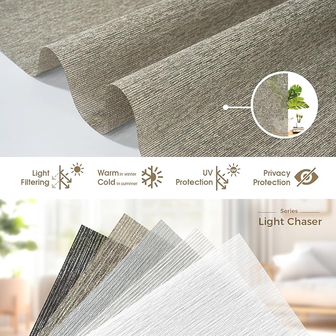 HeyBlinds Motorized Roller Shades, Smart Blinds for Windows, Remote Automatic Window Shades, Electric Shades, Light Filtering, Compatible with Alexa Google Apple Home (Light Chaser-Coffee LF)