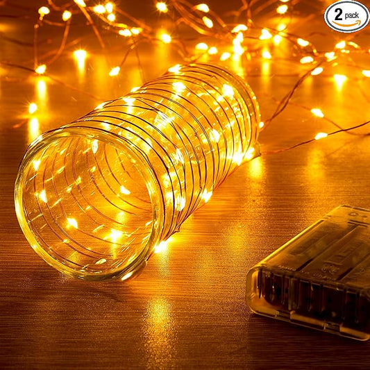 2 Pack 16.4ft Battery Operated String Lights with Timer, Warm White with Synchronized Twinkle Mode, Fairy Lights Battery Powered, 50 LEDs, Idea for Christmas Bedroom Party Wedding