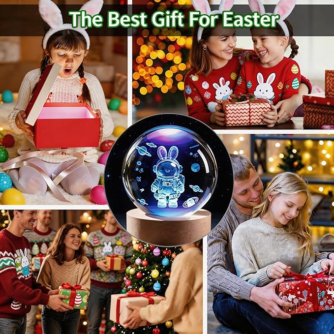 Easter 3D Crystal Ball Rabbit Decor Night Light, Easter Night Light Space Bunny Astronaut Gifts for Kids, Birthday Gift for Boy Gifts for Him Her Boyfriend Girlfriend