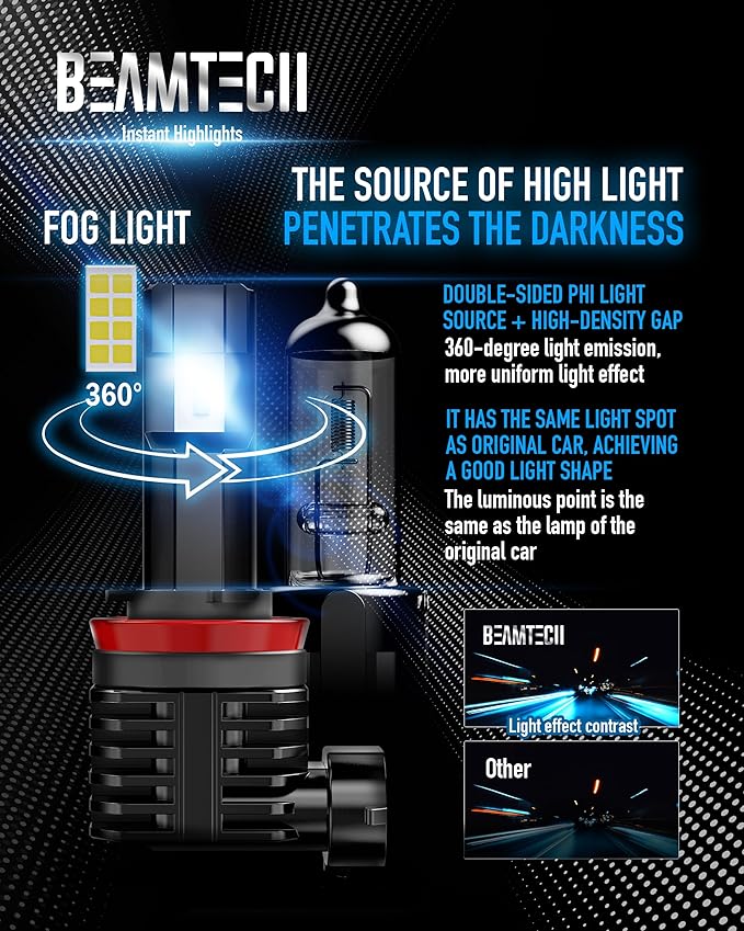 BEAMTECH 9005 H11 Bulbs, Fanless In Line HB3 H8 H9 Fog Light Bulb 6500K Xenon White Fog Light Of 4