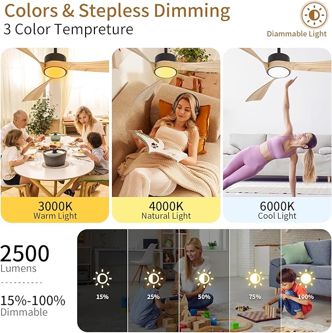 Ceiling Fan with Lights,52 Inch Wood Ceiling Fans with Remote Control,Dimmable Light,3 CCT,6 Speeds,Noiseless DC Motor,2 downrod,Ceiling Fan for Bedroom,Living Room,Office,Indoor,Natural Wood Grain