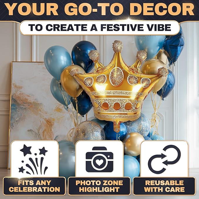 Gold Crown Balloons Set of 3 – 38.2"x35.4" Large Princess Balloons with Royal Crown Shape, Reusable Foil Design – Eye Catching Centerpiece for Princess Party Decor, Birthday Setup and Photo Backdrop
