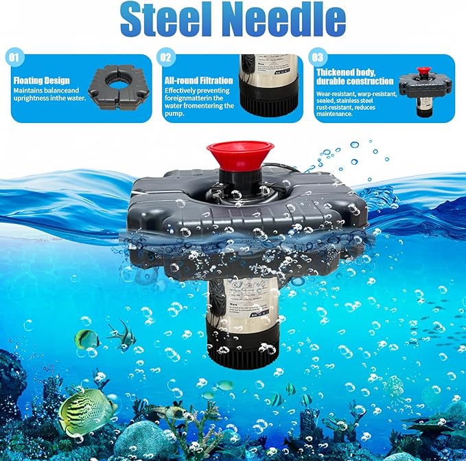 Pond Fountain Aerator, Pond Fountain, 1 HP Pond Aerator /110V 15,000 GPM, 100-foot Power Cord + 2 x 33-Foot Ropes/Timer Aerator Fountain, Suitable for Various Ponds and Lakes
