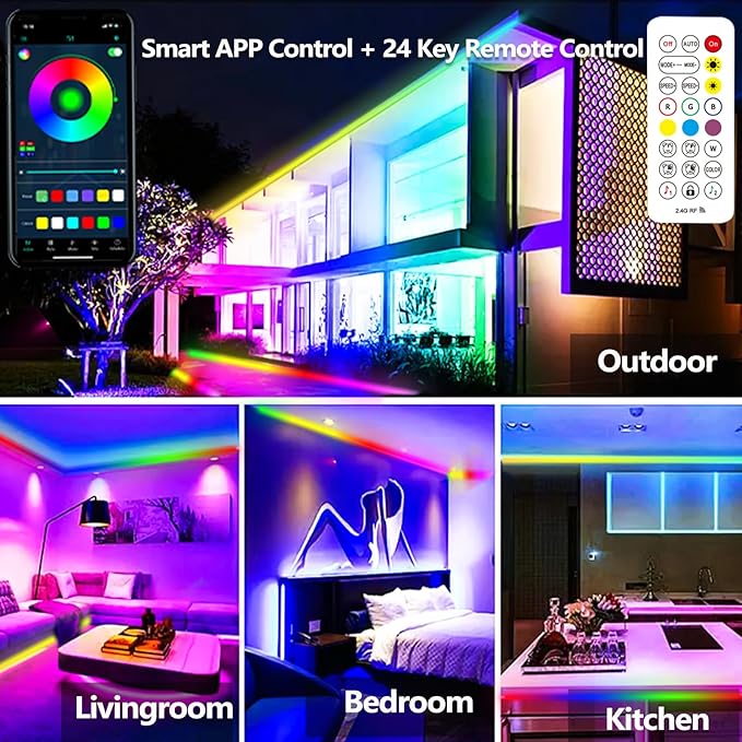 65.6FT Outdoor LED Strip Light Waterproof,IP68 Outside RGB+IC Light Strip with App/Remote Control,Chase Mode,Music Sync Rope Light for Balcony,Deck,Rooftop,Garden,Pool