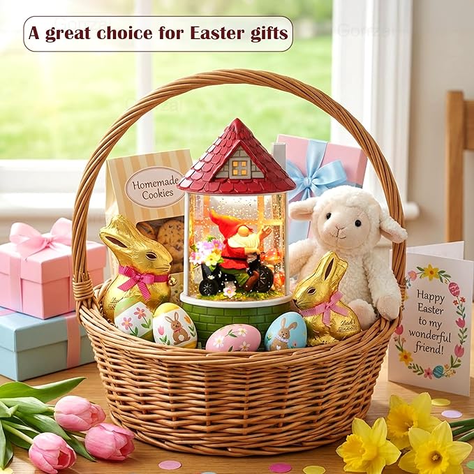 Spring Snow Globe Lantern Easter Decorations for Home with Timer Swirling Glitter, Lighted Indoor Decor Gifts with Gnome, USB or Battery Operated