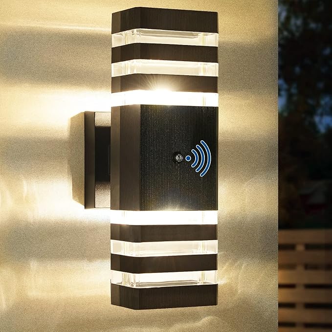 Dusk to Dawn Sensor Outdoor Wall Lights Up Down Porch Lights Modern Exterior Light Fixtures Photocell Waterproof Black Aluminum Housing for Front Porch, Patio, Garage (Use Two E26 Bulbs)