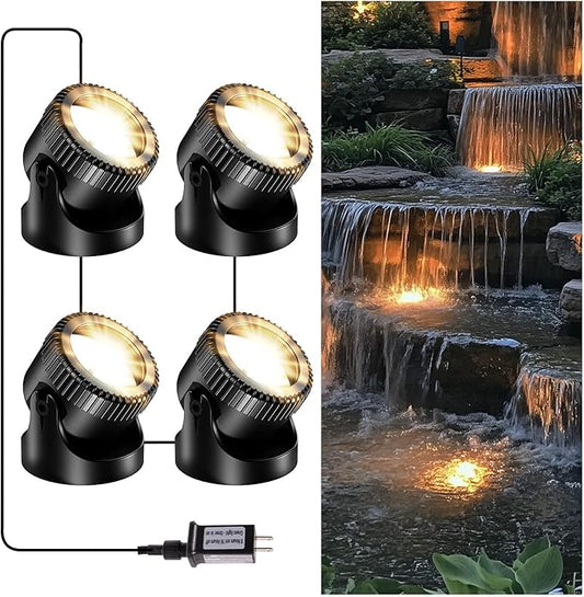 POPOSOAP Pond Lights, 4-in-1 Warm White Underwater Pond Lights, IP68 Waterproof LED Landscape Spotlights for for Pond, Garden, Patio, Fountain, Pool, Waterfall Decoration(4 Head Lamps)