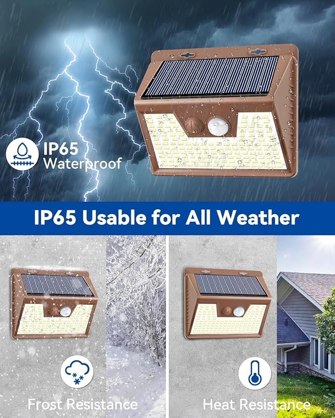 Peasur Solar Lights Outdoor Motion Sensor [3 Pack/140LED/Brown], Ultra-Bright 3 Mode Fence Security Light Waterproof, Solar Wall Lighting for Patio Yard Step House Outside