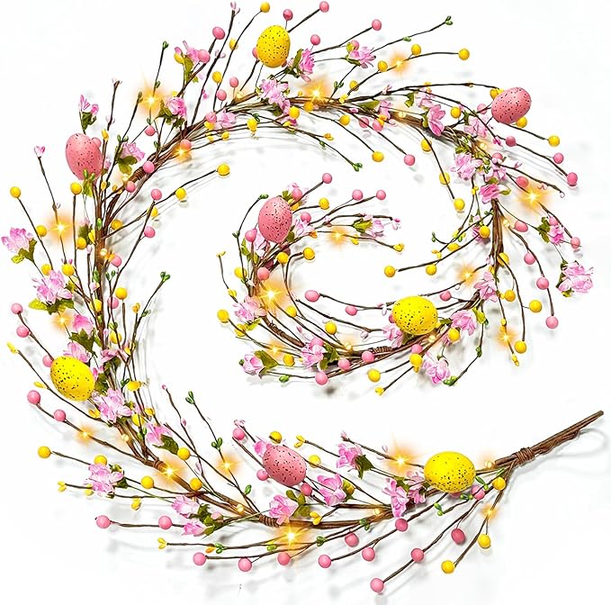 6 Ft Easter Garland with Lights Timer Easter Decorations, Artificial Easter Egg Garland Berried Pink Flower Spring Garland Battery Operated for Home Table Mantle Fireplace Holiday Decor Indoor Outdoor