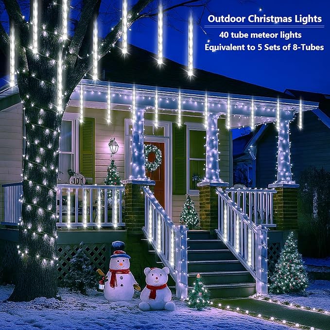 Outdoor Christmas Lights: 40 Tube(Equivalent to 5 Sets of 8-Tubes) Meteor Shower Rain Lights - Waterproof Christmas Halloween Decorations for Yard Outside Tree Roof, White
