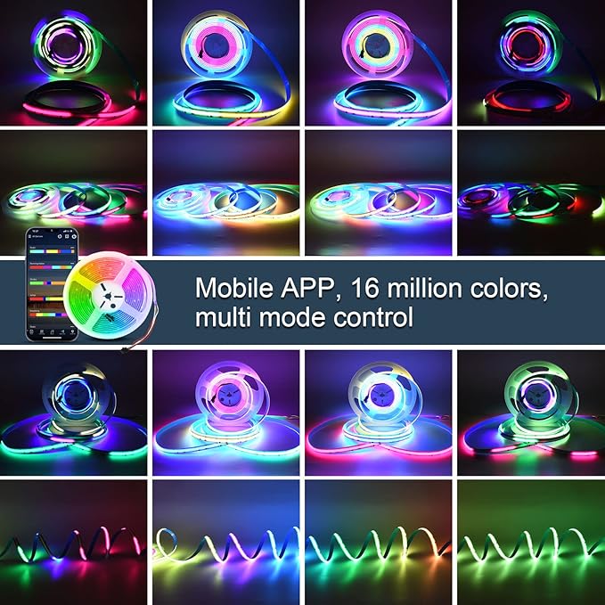INDARUN RGB Smart IC COB Led Strip Light 720 LEDs/M, 16.4ft/5M 12mm Width, 12V Alexa Addressable Led Strip for TV Led Backlight, Music Sync, APP Control, Flexible Led Tape Light for Bedroom