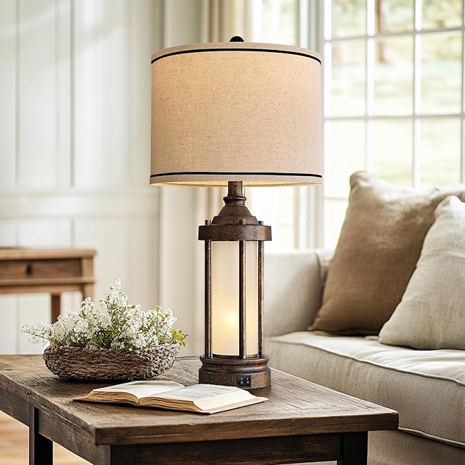 25'' Table Lamps Set of 2 for Living Room Bedroom Farmhouse Metal Lamps with 2 USB Ports, Built-In Frosted Glass Night Light Vintage Industrial Nightstand Bedside Lamp, 4 Bulbs Included, Bronze