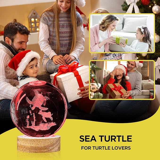3D Crystal Ball Night Light - 3.15 inch Glass Ball with 16 Color Changing Wooden Base and Remote Control - Turtle Figurines Gift for Friends, Kids, Christmas, Birthday, Decor