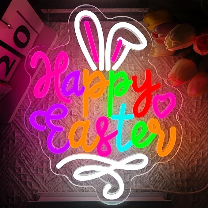 Happy Easter Neon Sign Easter Neon Bunny Neon Led Light Wall Decoration Party Home Room Decoration Gift for Children