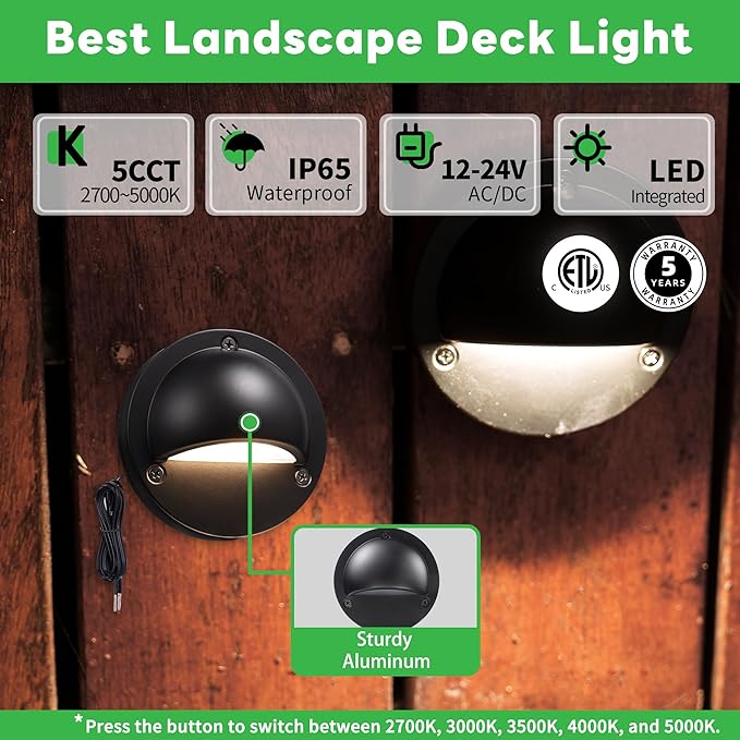 LED Deck Lights - Outdoor Landscape 12V Waterproof Lighting, Low Voltage Step Lights, Warm White & Cool White Adjustable, Wired Die-Cast Aluminum for Wall Handrail Yard 8 Pack