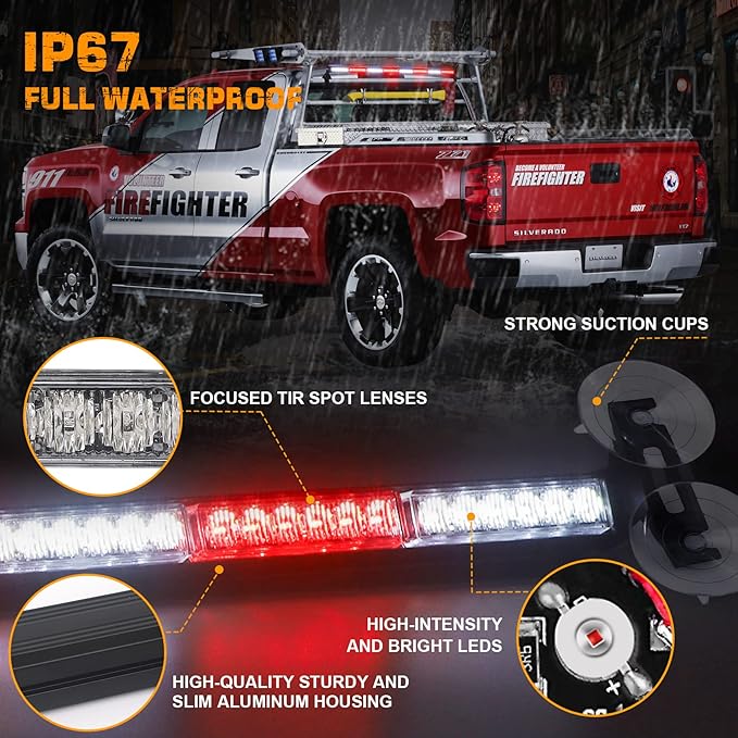 XRIDONSEN 35 inch Traffic Advisor Red White Emergency Light Bar 48 LED Strobe Lights Safety Hazard Warning Lights Front/Rear Window w/Controller for Volunteer Firefighter Vehicles Fire Trucks POV