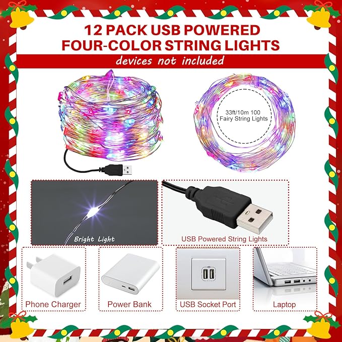 Macarrie 12 Pcs Christmas USB String Lights 33 ft 100 LED Fairy Lights Powered String for Christmas Indoor Outdoor Wedding Party Tree Festival Home Garden Decoration