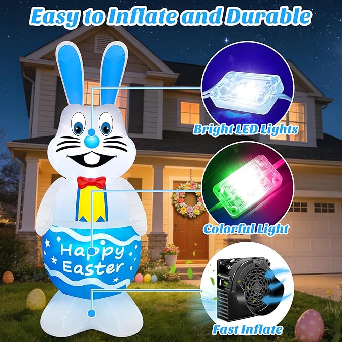 MICOCAH 5FT Tall Easter Inflatable Bunny Outdoor Decoration, Standing Cute Blow Up Blue Rabbit Yard Decoration with Colorful LED Lights, Spring Blowups for Lawn, Garden, Patio, Holiday, Party