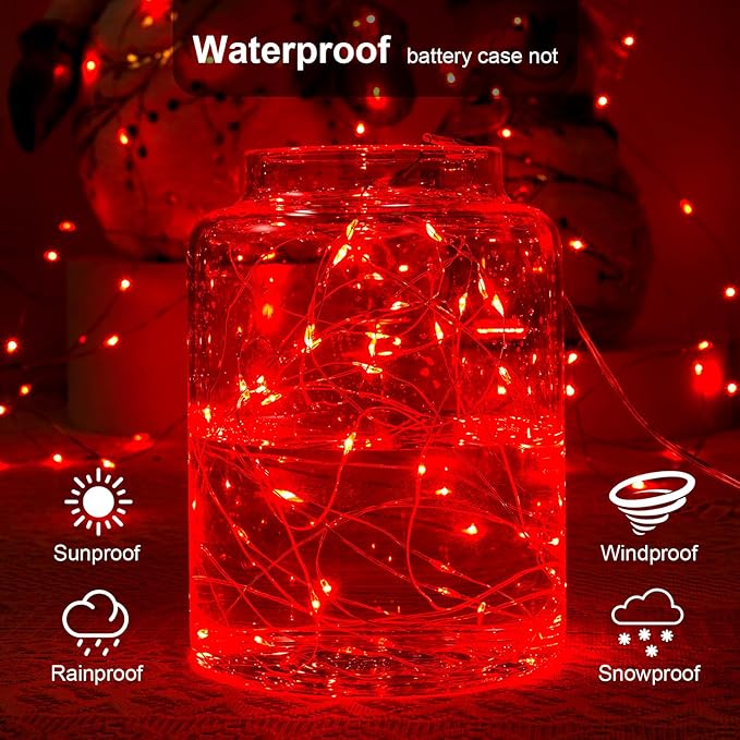 1 Pack 16.4ft Battery Operated String Lights with Timer, Red with Synchronized Twinkle Mode, Fairy Lights Battery Powered, 50 LEDs, Idea for Christmas Bedroom Party Wedding