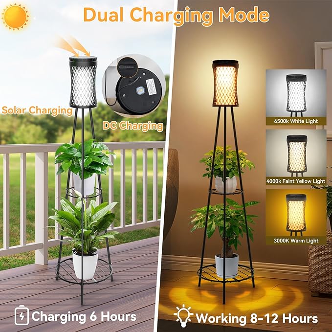 Aialun Solar Floor Lamps Outdoor with USB Charging, 45.67 Inch Tall Double Plant Stand Outside Floor Lamps, Warm & White 3 Modes Standing Decor Lights for Patio, Porch, Deck, Yard, Garden, 1 Pack