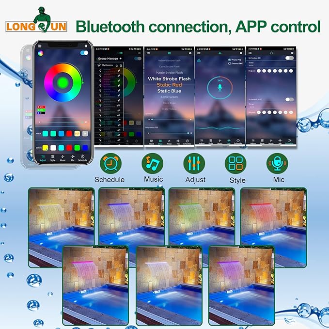 Longrun LED Strip Color Changing Garden Show Lights for Pond Spillway Waterfall, APP Control Waterproof Lighting Bar for Home Decoration Pool Fountain Landscape Lighting, Aquarium-11.22"