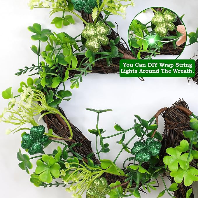 St Patricks Day Decorations St Patricks Day Wreaths for Front Door, Shamrock Wreath with 20 Green Lights Timer Clover Flower 18 Inch Artificial Spring Wreath St Patricks Day Decor for Home Wall Window