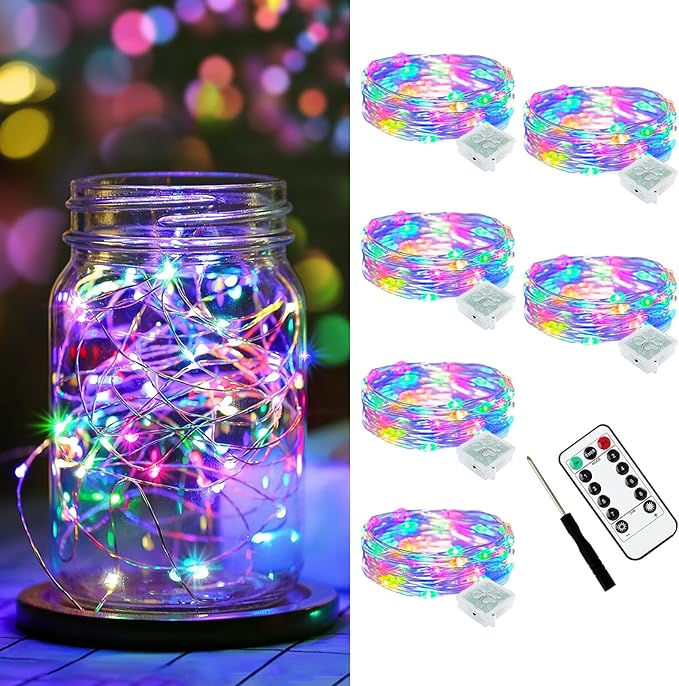 AIKEI 6 Pack LED Fairy Lights with Timer Battery Operated, Mini String Lights with Remote Waterproof 7ft 20 Led Firefly Starry Lighting for Wedding Party Bedroom Garden Christmas Decoration Colorful