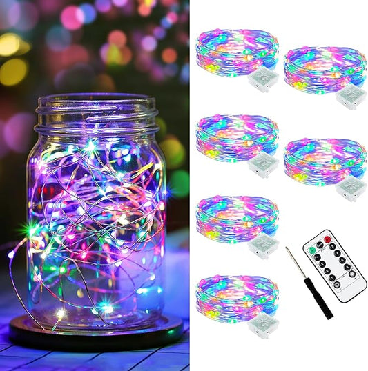 AIKEI 6 Pack LED Fairy Lights with Timer Battery Operated, Mini String Lights with Remote Waterproof 7ft 20 Led Firefly Starry Lighting for Wedding Party Bedroom Garden Christmas Decoration Colorful