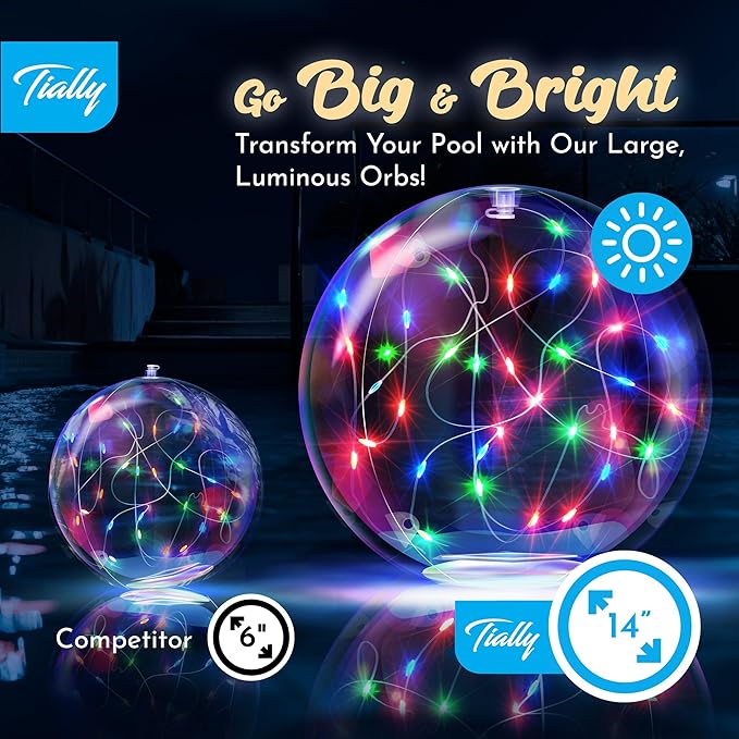 TIALLY Fairy Solar Floating Pool Lights - 14" Inflatable LED Pool Lights for Inground Pool, Waterproof Pool Lights That Float, Pool Decorations Outdoor, Best Gifts for Pool Owners, 2 Pack