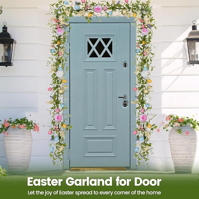 6FT Prelit Easter Garland with 20 LED Lights, Lighted Artificial Easter Egg Garland for Mantle, Battery Operated with 8 Mode Timer – Peony & Berry Accents