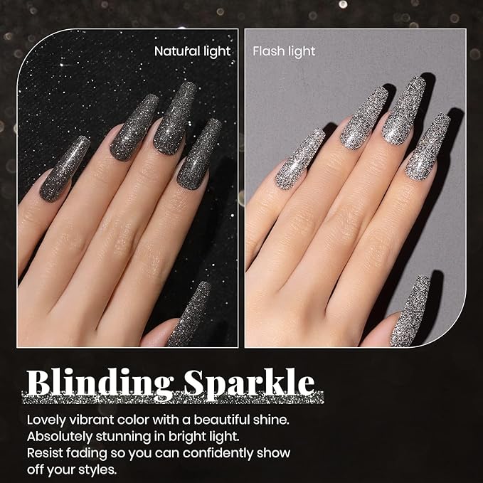 Beetles Black Gel Nail Polish, 1Pcs 15ML Glitter Gel Nail Polish Black Sparkle Reflective Shimmer Color Soak Off UV Lamp Disco Nail Art Manicure Salon DIY at Home Gifts for Her