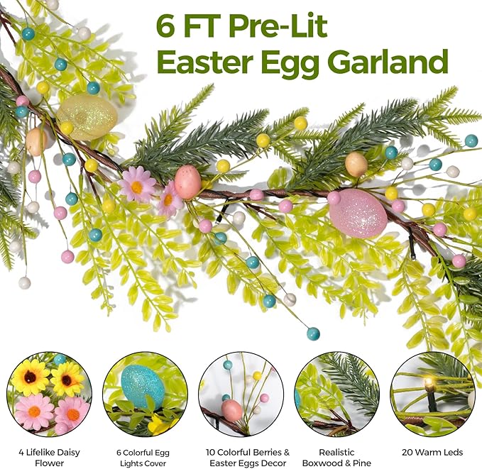 6FT Prelit Easter Garland with 20 LED Lights & 8 Modes Timer,Easter Decorations for Home,Battery Operated Lighted Easter Egg Garland with Berry Daisy for Mantle Door Table Indoor Outdoor Spring Decor