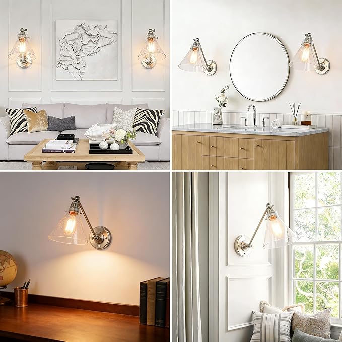 Industrial Vintage Slope Pole Wall Mount Single Sconce with Funnel Flared Clear Glass Shade, Swing Arm Wall Sconce Light Lamp Fixture Hardwired