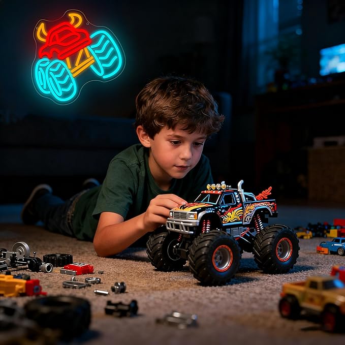 Monster Truck Neon Sign for Wall Decor Monster Truck LED Neon Light for Teen Boy Room Bedroom Playroom Living Room Bar Party Garage Man Cave Decor Birthday Gifts Dimmable Size 11.4 * 11.2 In(TWP323)