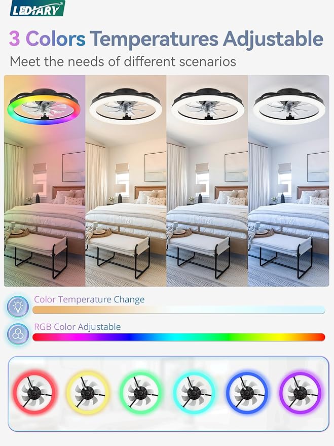 LEDIARY RGB Low Profile Ceiling Fans with Lights and Remote, 20 Inch Dimmable Modern Fan Light(3000K-6000K), 6 Speed, Reversible, APP & Remote Control, Flush Mount Ceiling Fan for Bedroom, Black