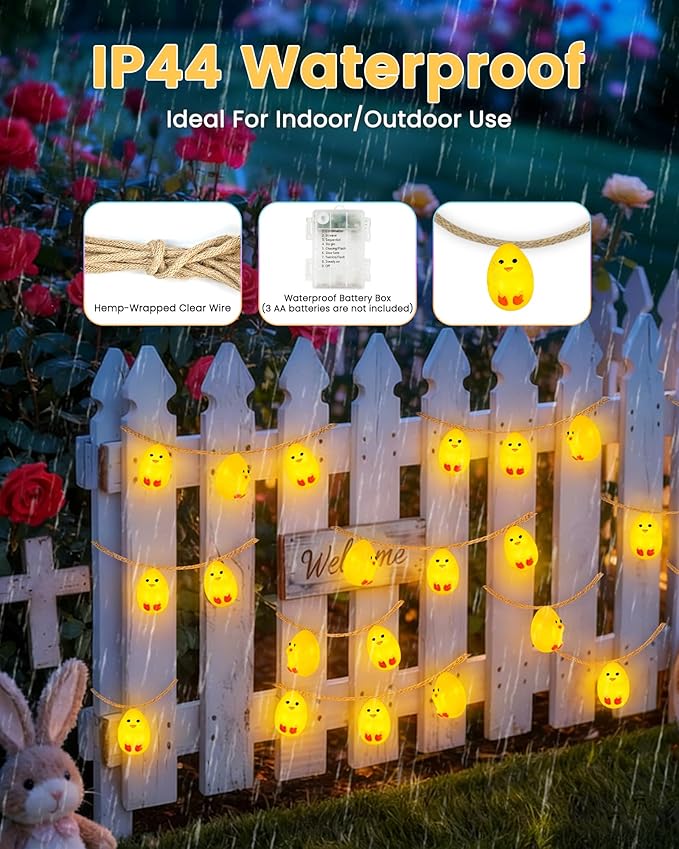 YIQU Easter Decoration String Lights, 10FT 12LED Indoor Chick Mantel Garland Battery Operated with Remote Timer 8 Modes, Hemp Rope Banner for Fireplace Table Wall Spring Party Indoor Outdoor Decor