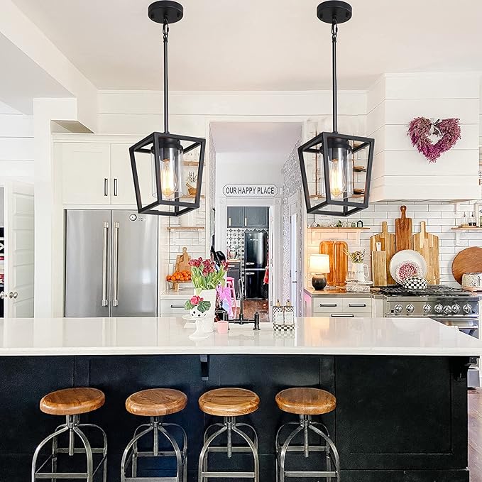 SGLfarmty 1-Light Black Pendant Lights Kitchen Island, Farmhouse Cage Metal Hanging Light Fixtures with Glass Shade，Adjustable Lantern Pendant Lighting for Dining Room, Entryway, Hallway
