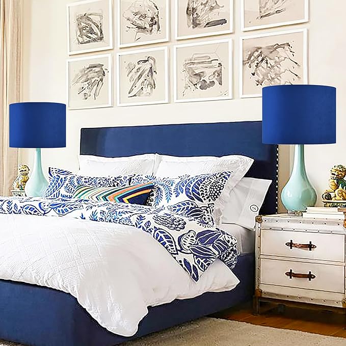Velvet Drum Lamp Shade Medium Blue Lampshade 13" Top x 13" Bottom x 10" High(Spider) Farmhouse Lamp shade for Table and Bedside Lamp