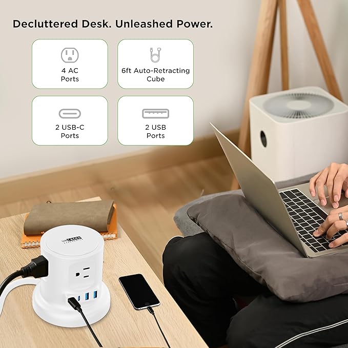 Uncaged Ergonomics Retractable Power Strip with USB Ports, Surge Protector with USB C Ports Fast Charging, Auto Retracting Cord Compact Desktop Charging Station for Home, Office, Nightstand, White