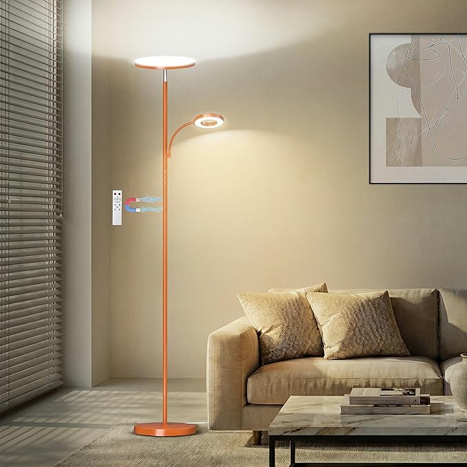 Orange Floor Lamp, 42W 4000LM Super Bright LED Lamp with Reading Light for Living Room Bedroom Office, Touch Control, Dimmable Standing Lamp with Remote