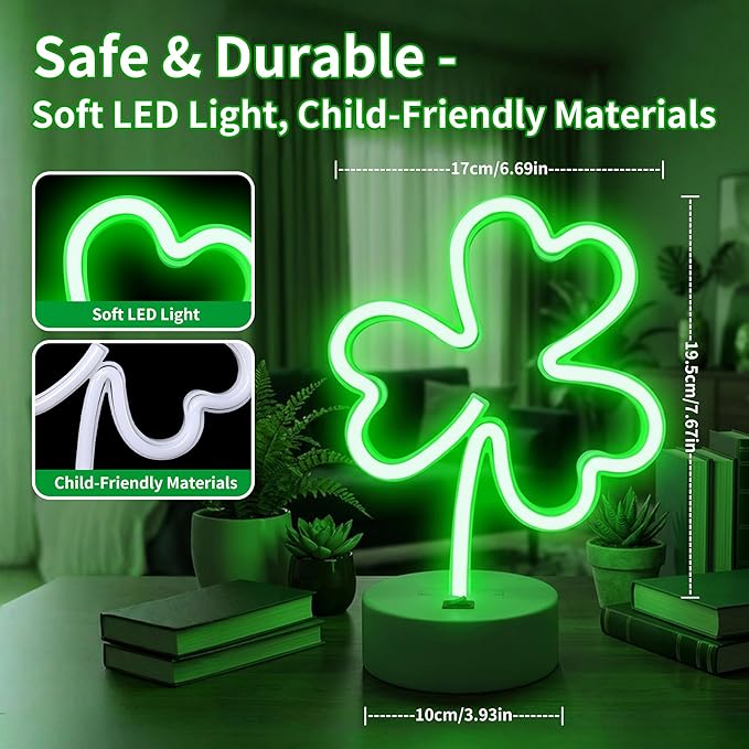 St Patrick's Day Shamrock Light - Patrick Party Neon Sign Decoration - Green Clover LED Night Light - USB or Battery Powered Table Lamp - Lucky Shamrocks Gifts for Kids - Decor for Window Room Bedroom