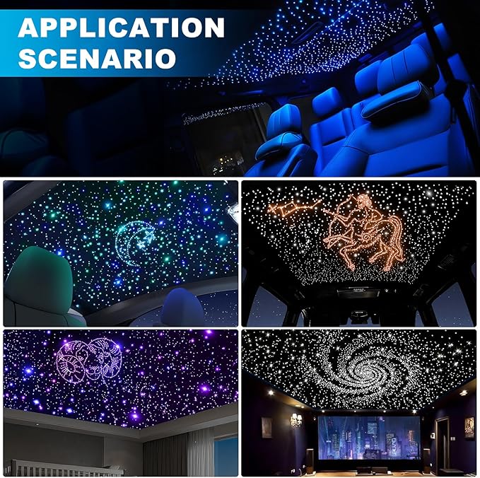 4 Colors 32W Twinkle Car Starlight Headliner Kit 1000pcs*0.03in*13.1ft with APP&RF Remote, RGBW Fiber Optic Ceiling Star Lights, 4 Port Engine Sound Activated Star Roof Lights for Car Home Theater