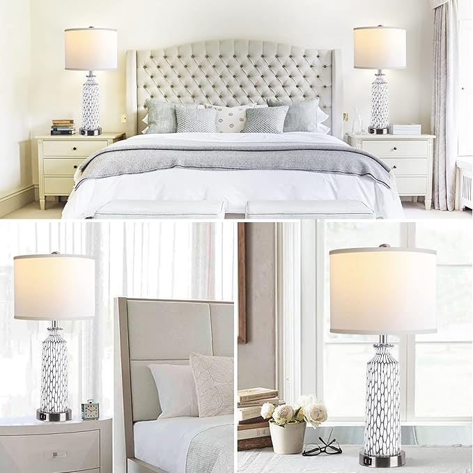 QiMH Table Lamp for Living Room,Bedside Lamps for Bedroom Set of 2 with USB A+C Ports,3-Way Dimmable Touch Control, Modern Coastal White Grey Resin Nightstand Lamp, Included 2700K LED Bulbs