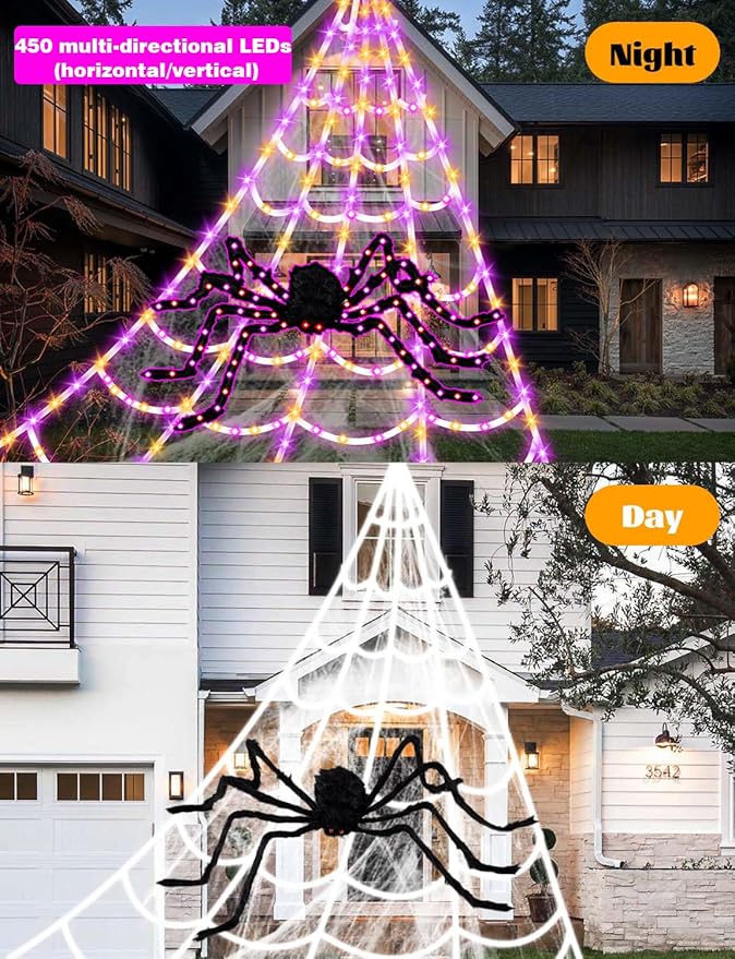 Spider Webs Halloween Decor Lights - 450 LEDs Outdoor Halloween String Lights with 60" Light Up Spider,8 Modes Remote Control 16.4Ft Spiderweb,Waterproof (New Orange-Purple Grid Luminous Net)