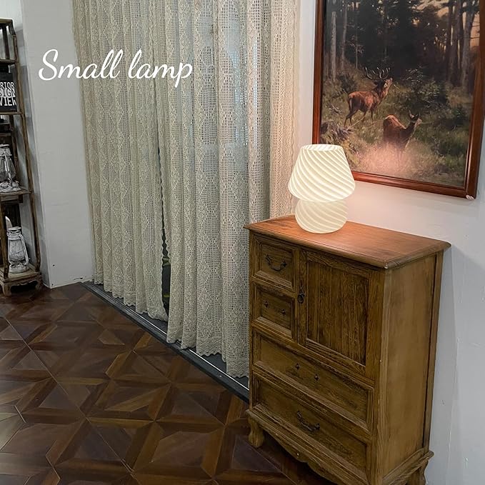 ONEWISH Mushroom Lamps Set of 2 - Small Bedside Table Lamp with Striped Glass, Nightstand Lamp for Bedroom, Living Room, Bulb Included(White)