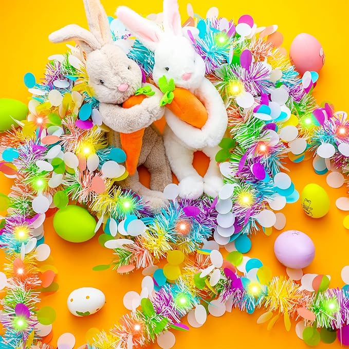 Chuangdi 16.4 ft Easter Tinsel Garland with LED String Light Easter Egg Twist Metallic Wire Tinsel Garland Foil Hanging Decor, Colorful, Colorful Light