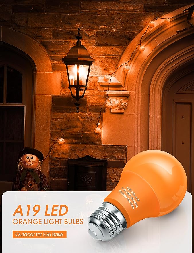 Orange Light Bulbs [ 4 Pack ] A19 Halloween Light Bulbs LED Orange Bulb Outdoor 9W (60 Watt Equivalent) - E26 Colored Light Bulb for Porch Light Christmas Party Home Holiday Decorative Illumination
