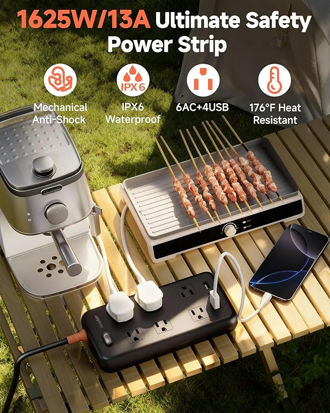 Outdoor Power Strip Weatherproof IPX6,1625W/13A15 Ft Extension Cord,4 USB Ports & 6 Wide Outlets for Multiple Devices,Wall Mountable for Yard,Workshop,Poolside,RV Camping,Black