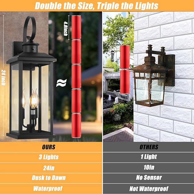 24" Dusk to Dawn Porch Lights Outdoor 3-Light, Black Modern Large Wall Light Fixture Lantern, Waterproof Exterior Lighting Sconce Wall Mount, Outside Lamp for Farmhouse Doorway Patio E12